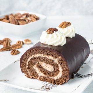 chocolate roll cake with pecan buttercream