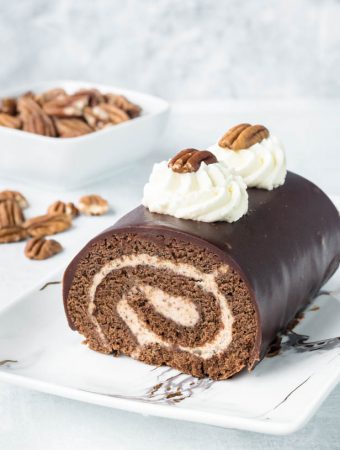 chocolate roll cake with pecan buttercream