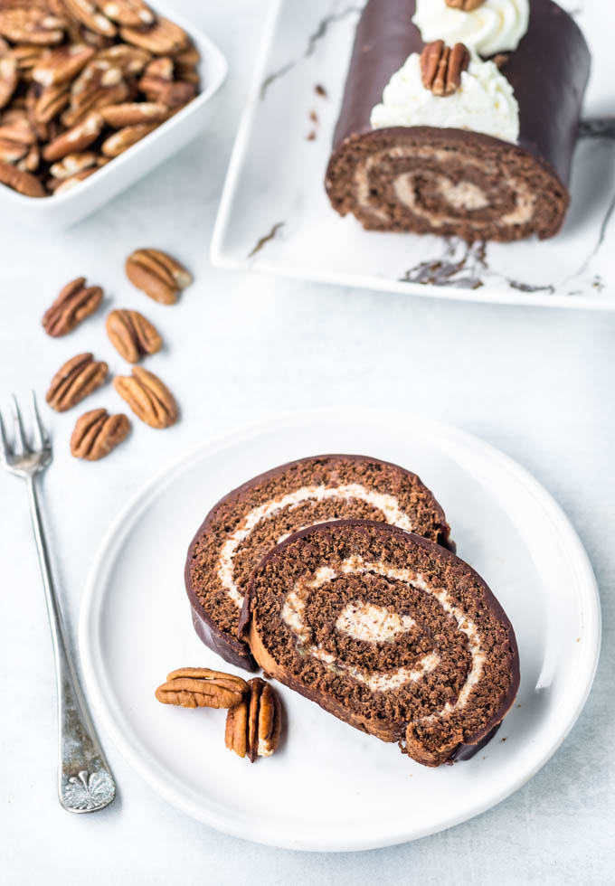 Chocolate Roll cake with pecan buttercream