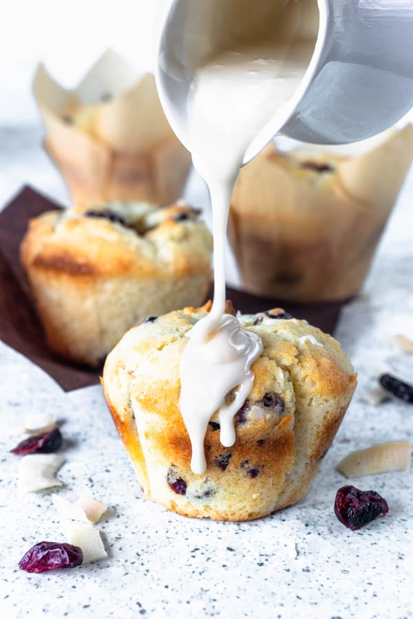 Coconut and Cranberry Muffins with Maple Glaze
