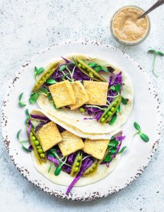vegan tofu tacos with peanut sauce flatlay