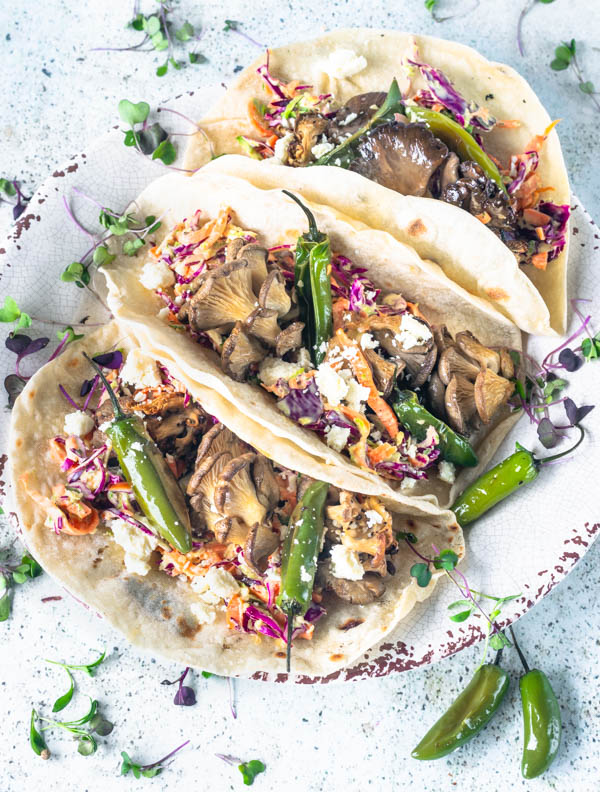 Vegetarian Tacos with Oyster Mushrooms and Serrano Chili Peppers