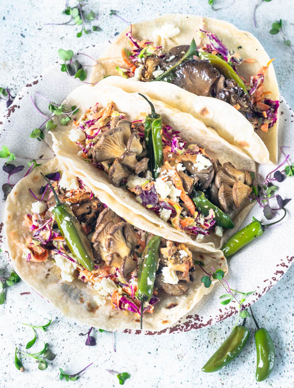 vegetarian tacos with mushrooms and Serrano chili peppers