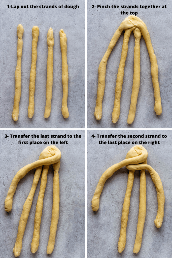 4 pictures showing how to braid challah bread.