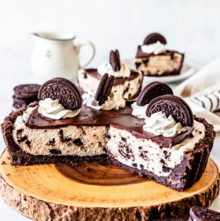 Cookies and Cream Pie on top of a wood board