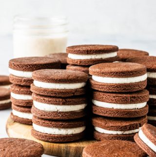 Homemade Oreo Cookies on top of a wood board