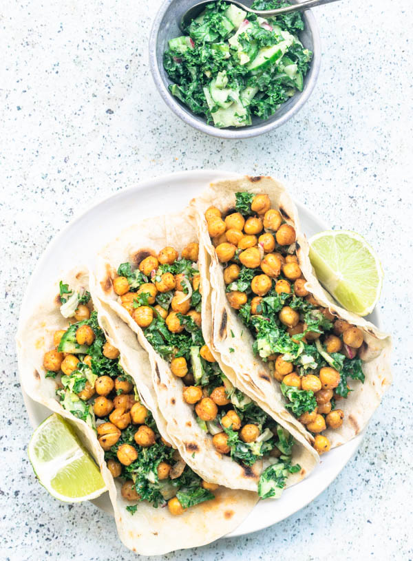 Crispy Chickpea Tacos with Kale Slaw and Tahini Dressing