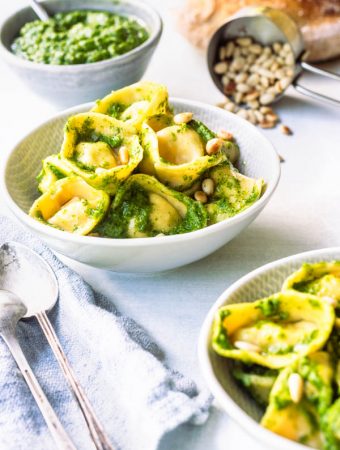 Spinach and Garlic Scapes Pesto Tortellini