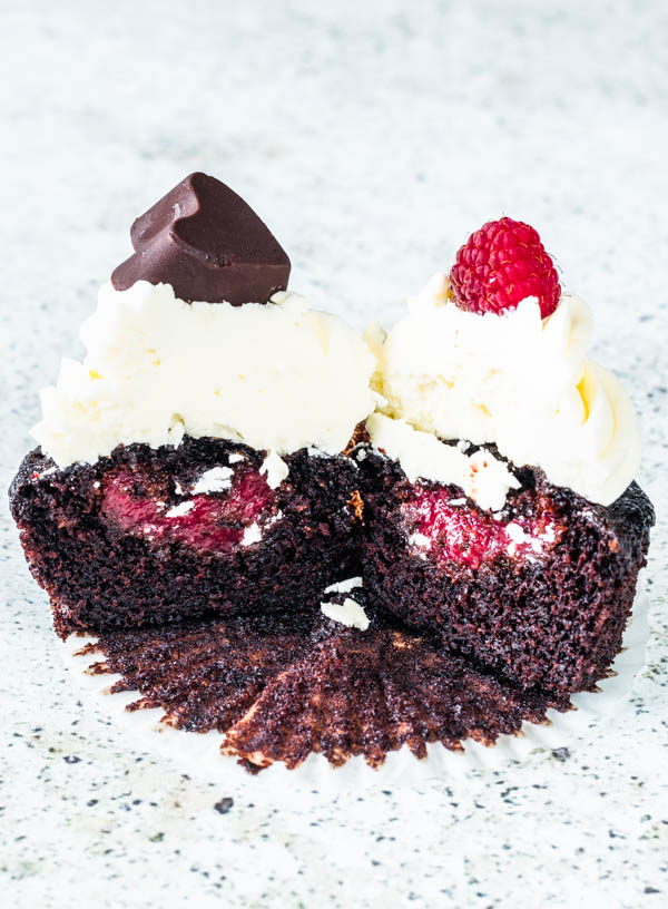 White and Dark Chocolate Raspberry Cupcakes split open