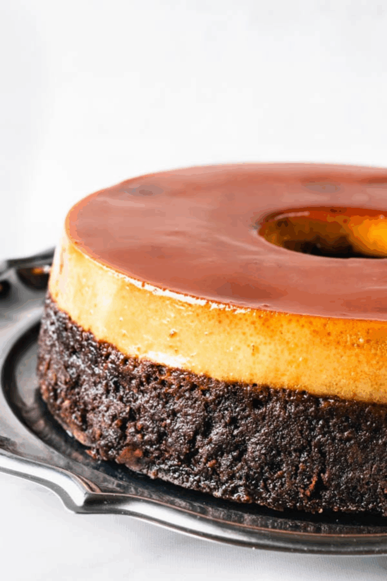 A whole chocoflan showing its signature two layers: a glossy caramel flan on top and a dense, moist chocolate cake on the bottom.