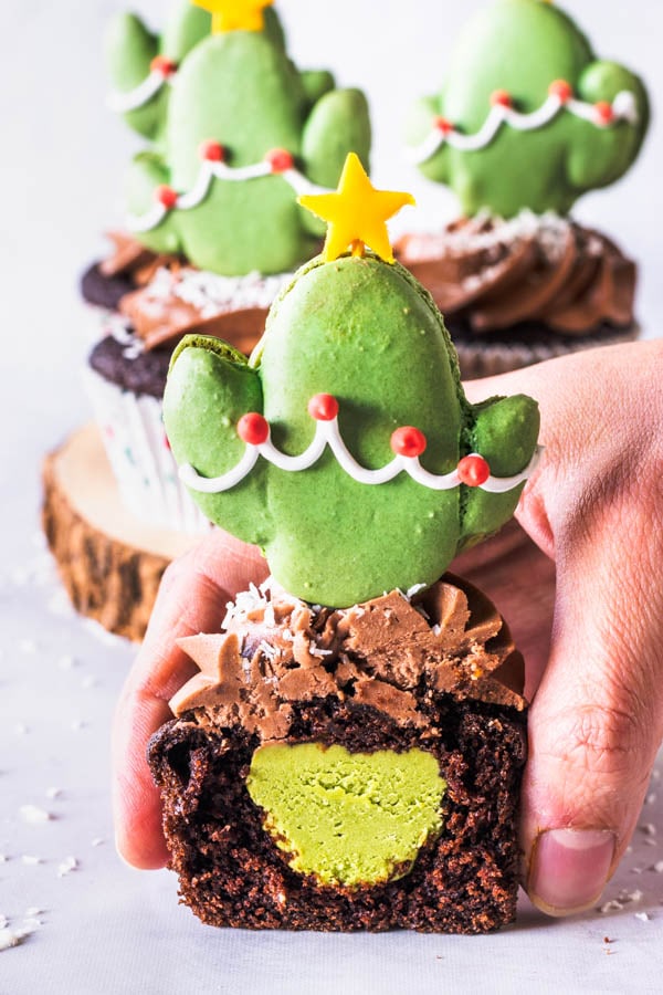 hand holding a Chocolate Matcha Cupcakes with Matcha Cactus Macarons with matcha filling, sliced in half.