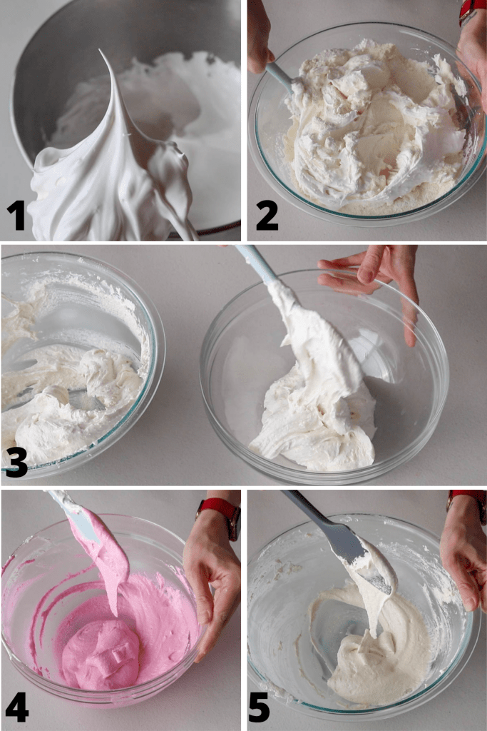 5 images showing how to make two color batter from one batch of macarons.
