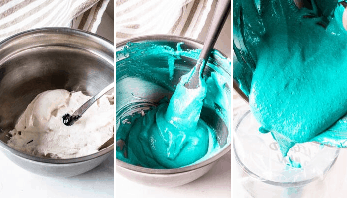 coloring macaron batter teal and transferring it to piping bag