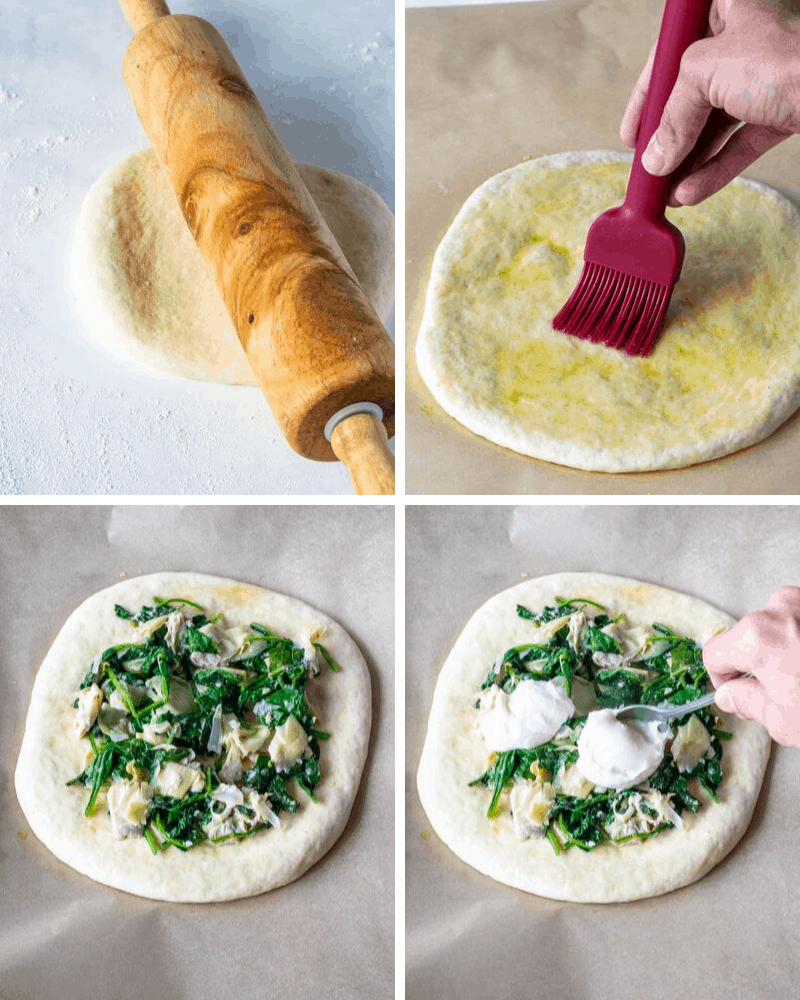 assembling spinach artichoke vegan pizza process pictures
