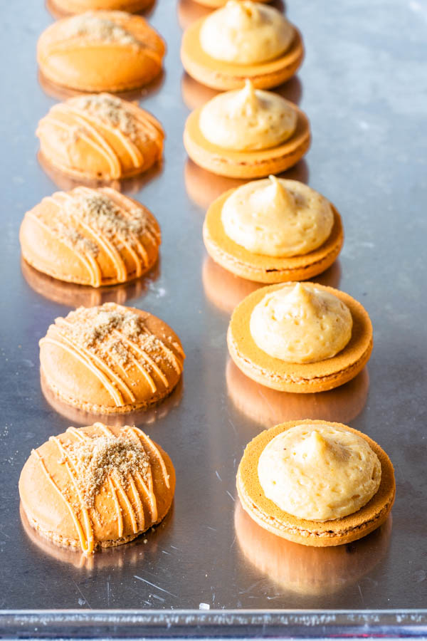 pumpkin cheesecake macarons filled with pumpkin cheesecake filling
