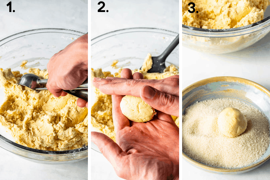 first picture-scooping cookie dough, second picture-forming into a ball rolling between hands, third picture-rolling cookie ball in sugar