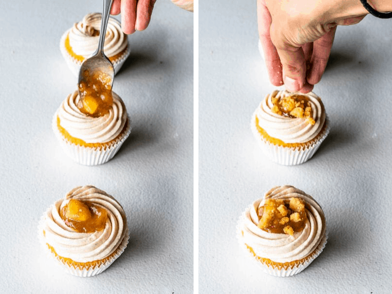 two pictures. On the left, using a spoon to place some apple pie filling in the center of the cupcakes. on the right, sprinkling some crumble topping on top of cupcakes