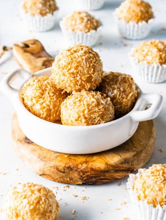 Coconut Fudge, coconut truffles made with condensed milk coated in coconut flakes