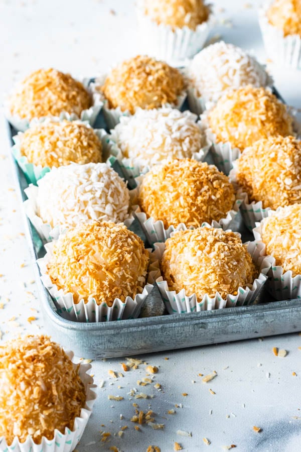 Coconut Fudge, coconut truffles made with condensed milk coated in coconut flakes