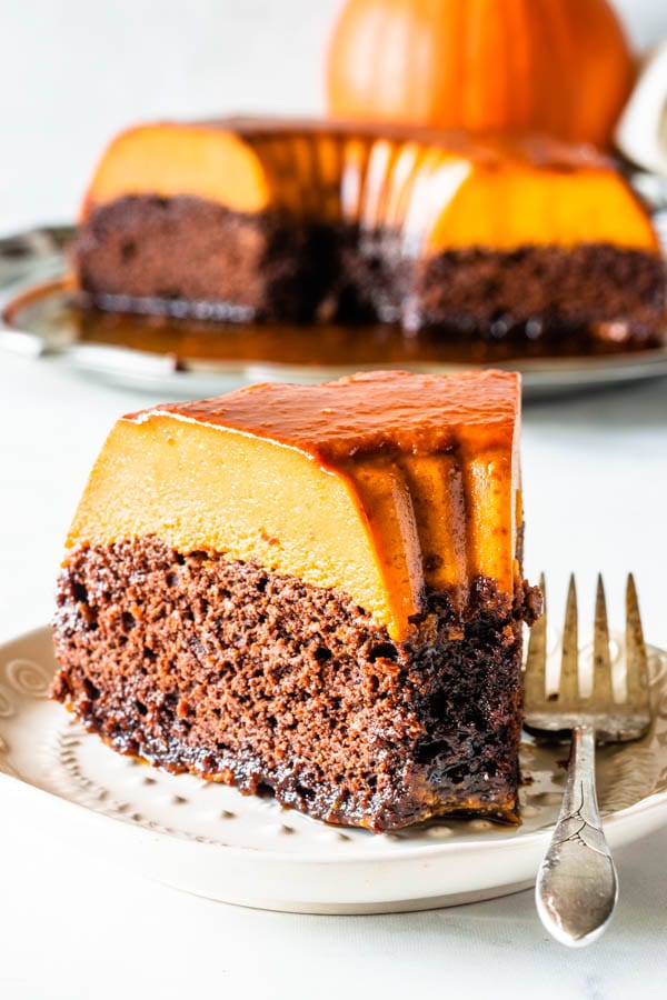 pumpkin flan with chocolate cake on the bottom and flan on top