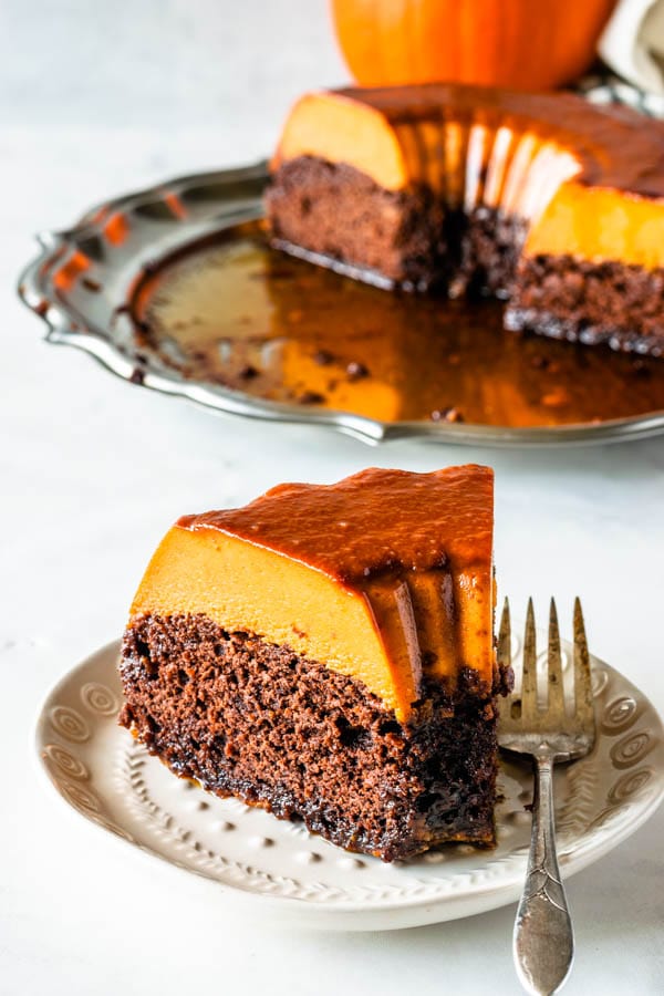 pumpkin flan with chocolate cake on the bottom and flan on top