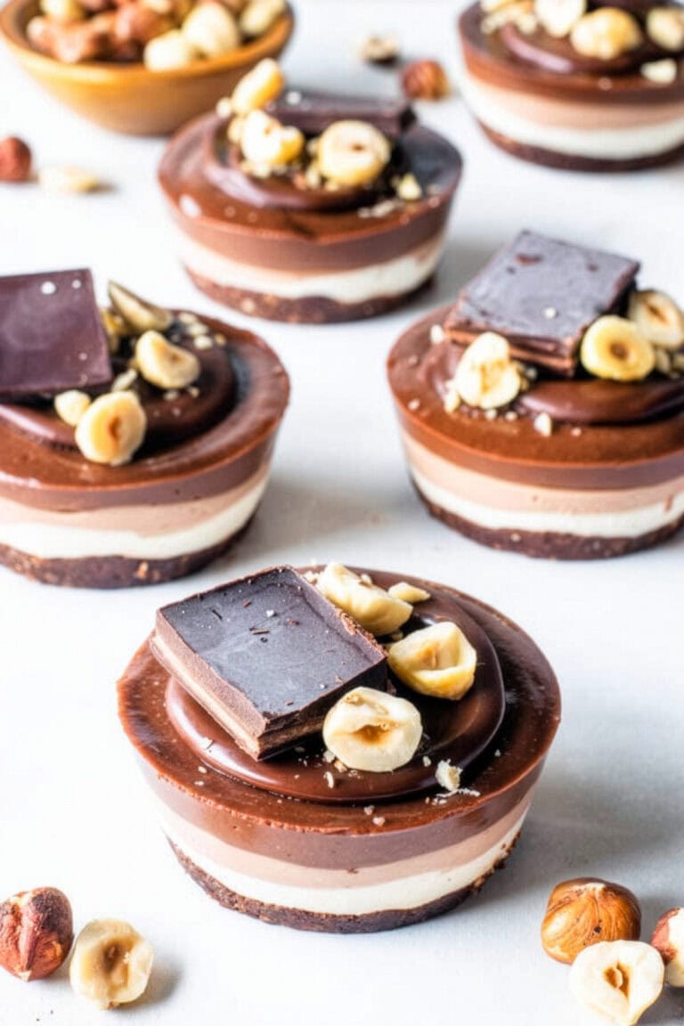 Mini vegan hazelnut cheesecakes with ombré chocolate layers, ganache, toasted hazelnuts, and chocolate pieces.