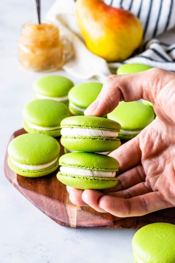 Pear Macarons filled with pear jam filling and buttercream