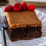 A slice of chocolate tres leches cake soaked in chocolate milk mixture, topped with fluffy cocoa whipped cream and fresh raspberries.