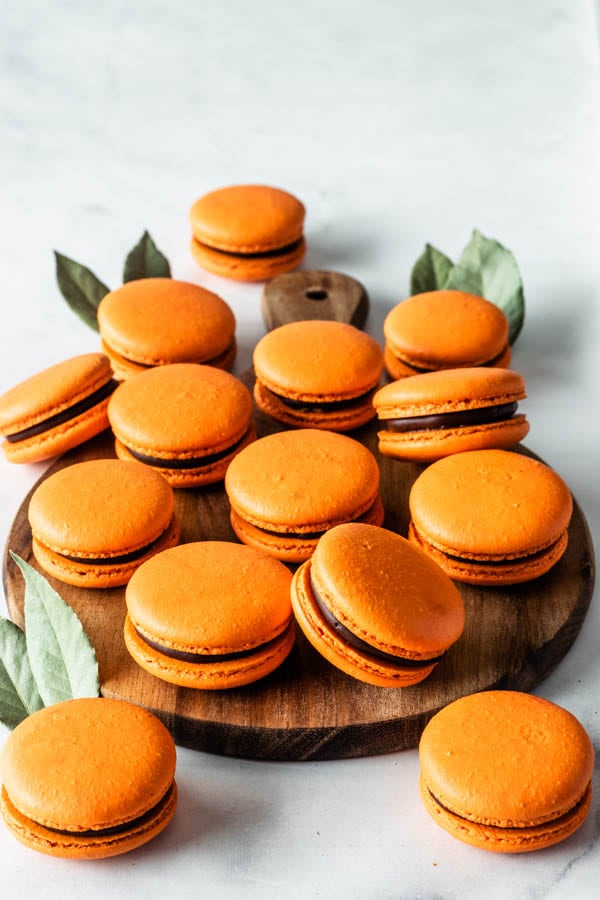 Orange Macarons filled with chocolate ganache and orange marmalade