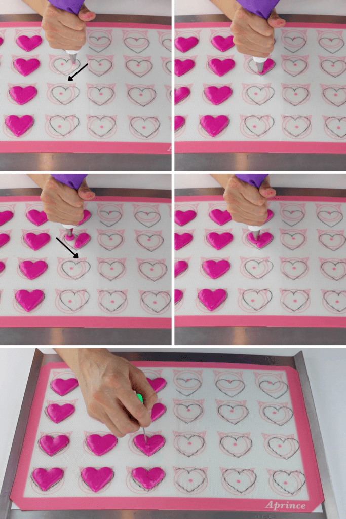 showing how to pipe heart macarons.