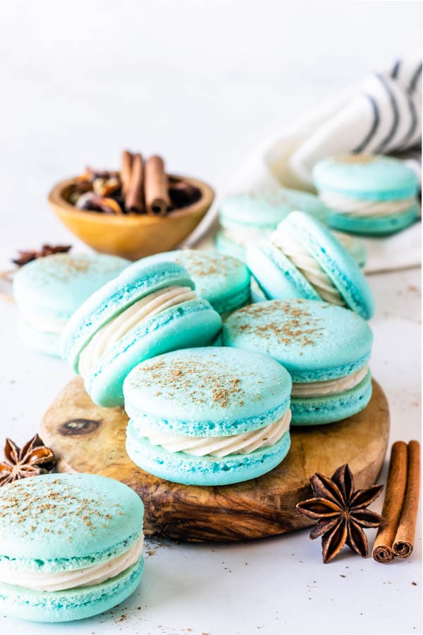 Chai Macarons topped with a dusting of chai spices
