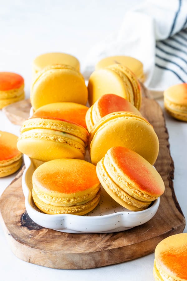 Mango Macarons air brushed with orange food coloring