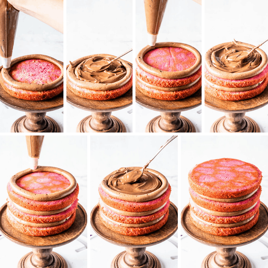 pictures showing the process of assembling a nutella strawberry cake