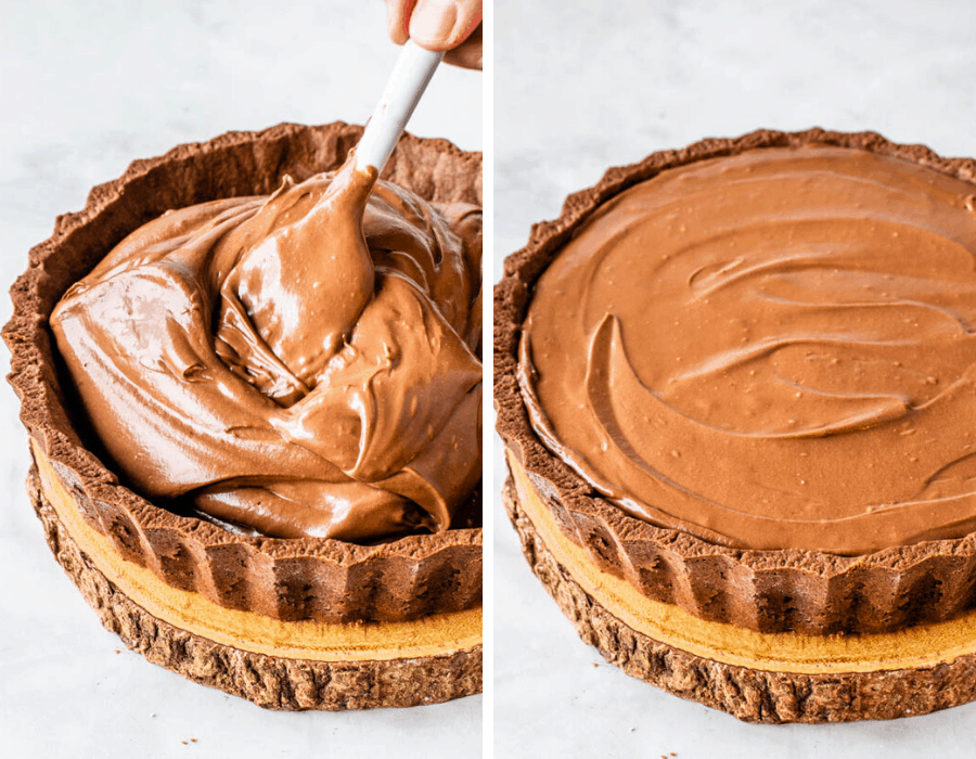 spreading chocolate cheesecake batter on the bottom of pie crust