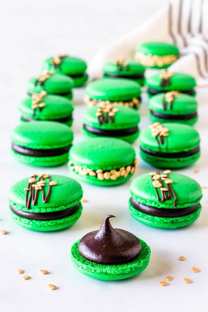 green macarons filled with stout ganache