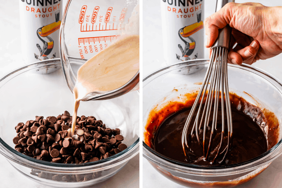 Making Guinness Ganache whisking chocolate with heavy cream and guinness beer