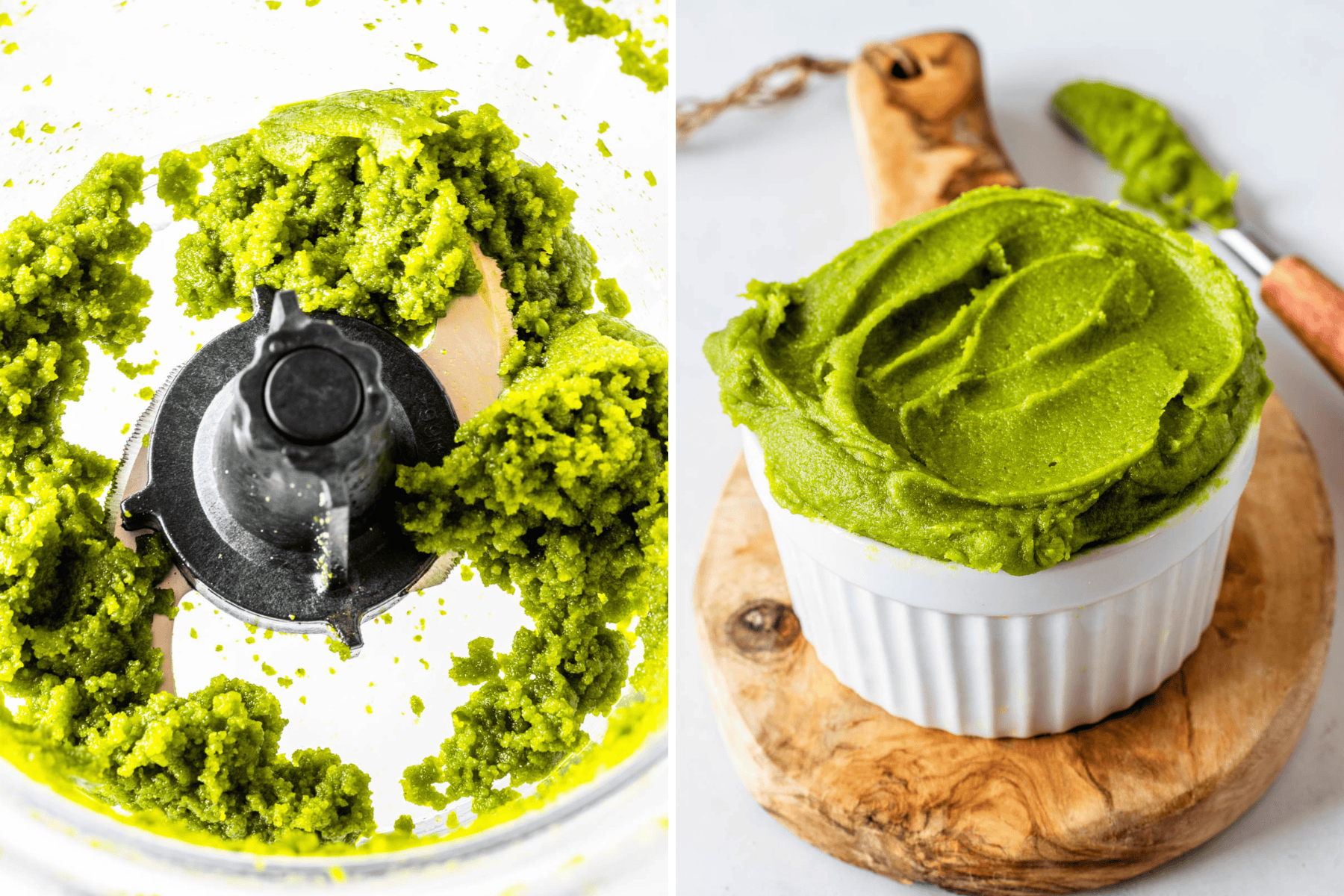 first picture: Pistachio Paste in a food processor. second picture: pistachio paste in a container.