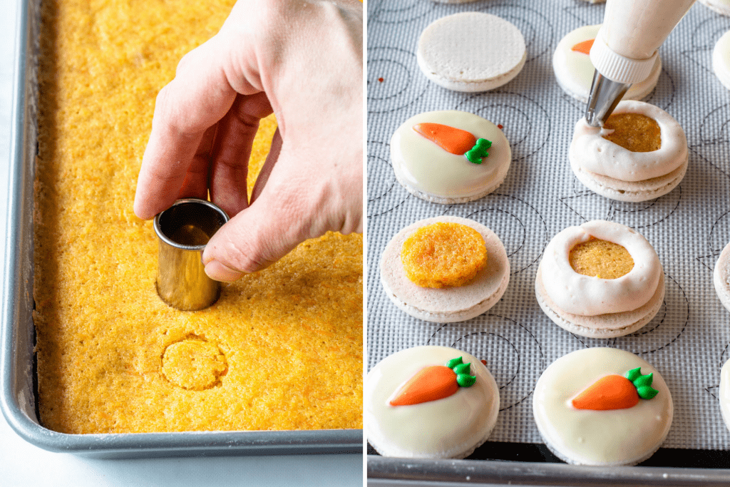 cutting out carrot cake circles to place in the center of macarons and pipe a ring of frosting around.