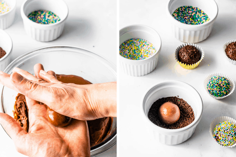 rolling brigadeiros into truffles and coating in sprinkles