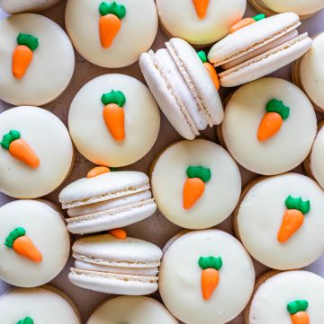 Carrot Cake Macarons topped with a royal icing carrot
