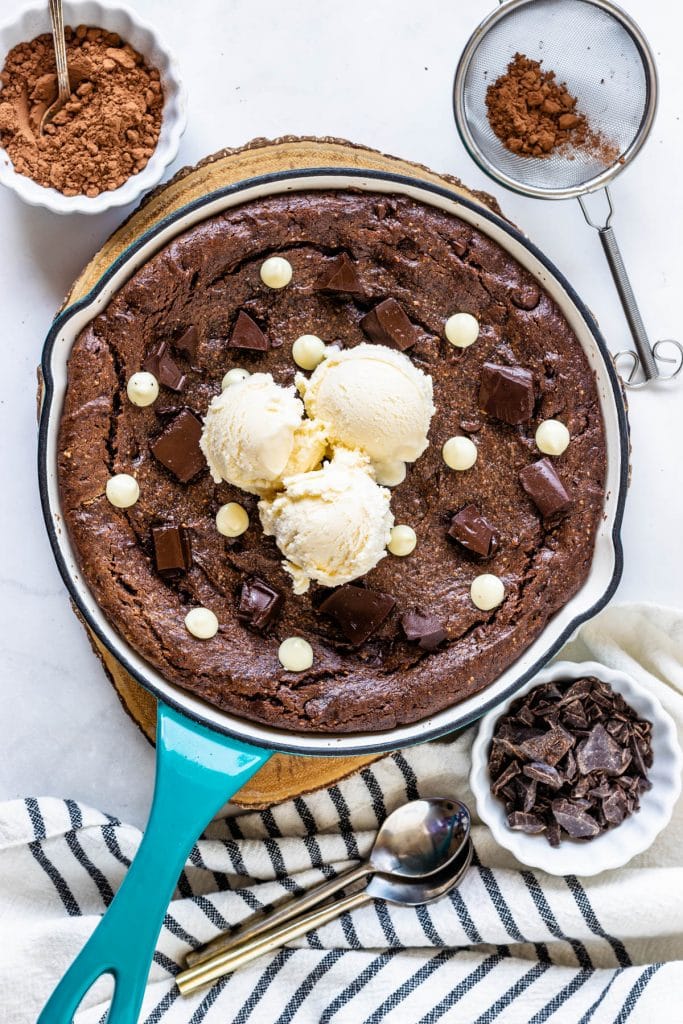 Vegan Skillet Brownie topped with ice cream