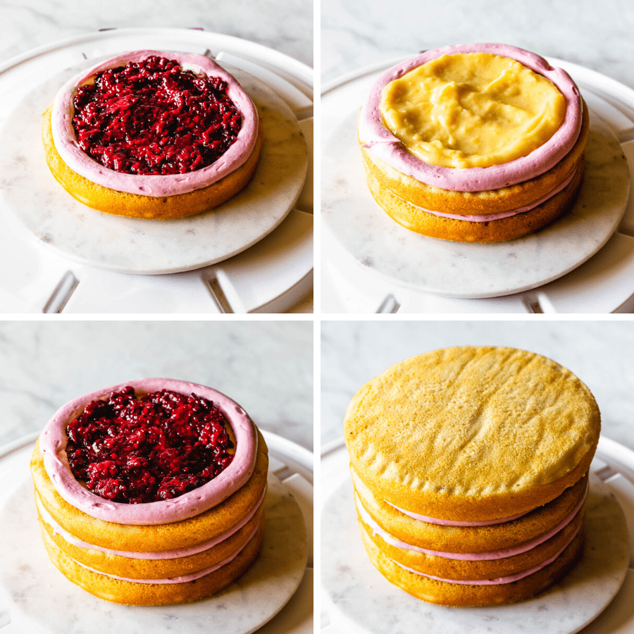 4 pictures. first picture a cake layer filled with blackberry jam. second picture: two cake layers, the top one filled with lemon curd in the middle. third picture: three cake layers, filled with blackberry jam. forth picture 4 vanilla cake layers stacked