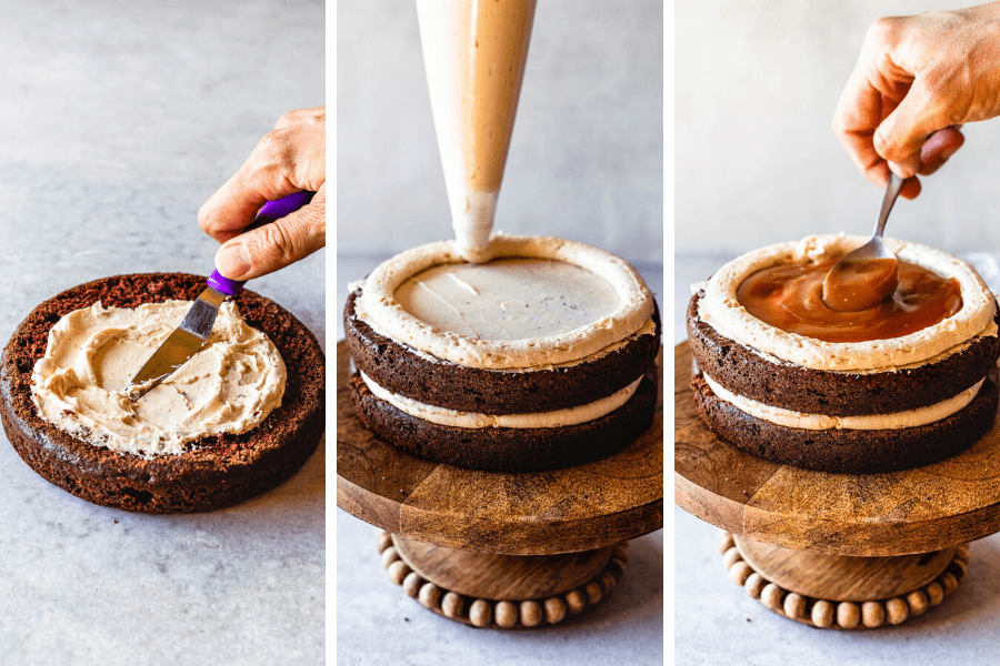 three pictures. first one: spreading caramel buttercream on a chocolate cake layer, second picture: piping a ring of frosting on a cake layer. third picture: spreading caramel sauce on a cake layer