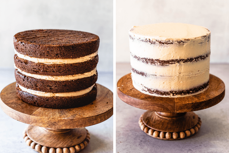 two pictures. first one: four stacks of chocolate cake filled with caramel buttercream. second: cake frosted with a crumb coat of frosting