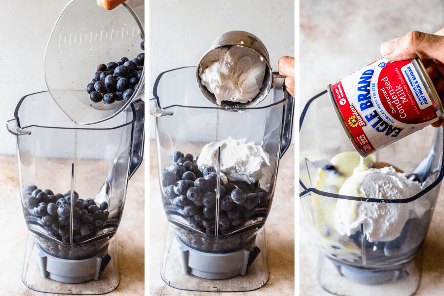 three pictures. first one: adding blueberry to a blender. second picture: adding coconut cream to the blender. third picture: adding condensed milk to the blender.