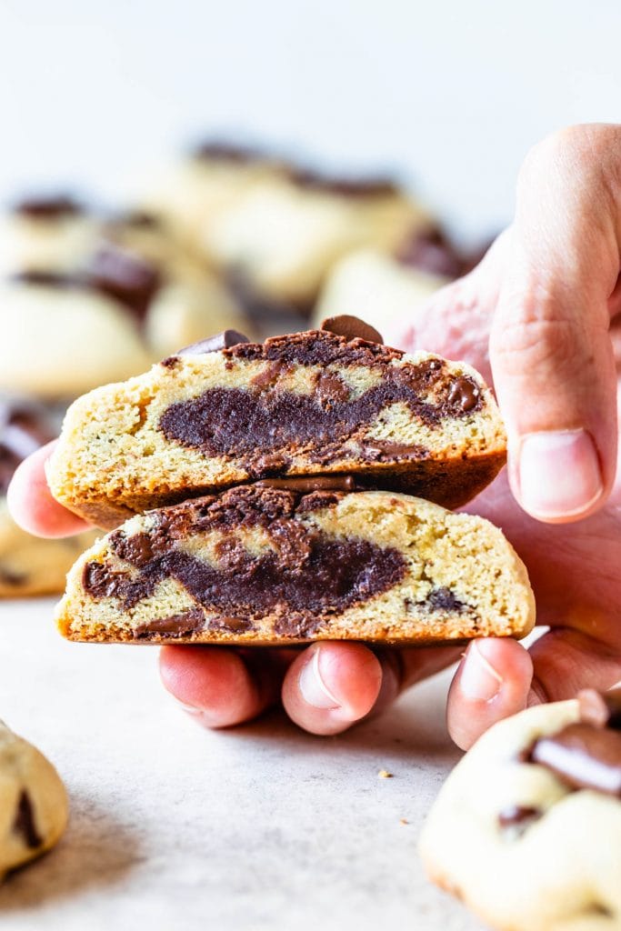 brookies, a mixture of brownies and cookies baked together into one treat, cut crosswise to show the inside texture