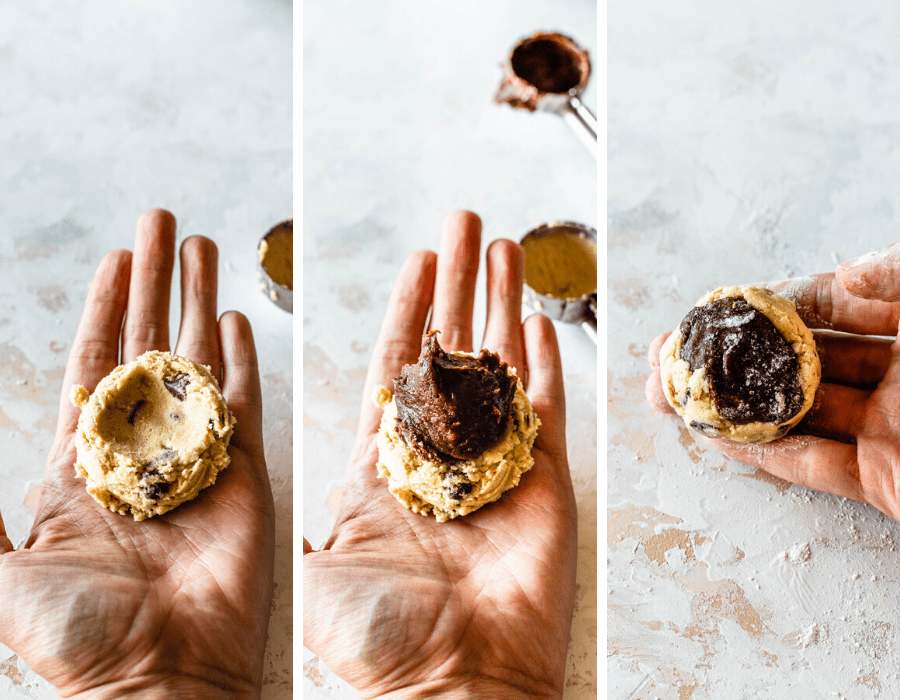 3 pictures. first one a hand holding chocolate chip cookie dough. second picture: chocolate chip cookie dough with brownie batter in the middle. third picture: a raw cookie dough ball made of chocolate chip cookie and brownie