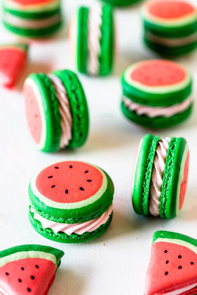 macarons shaped like watermelon filled with buttercream