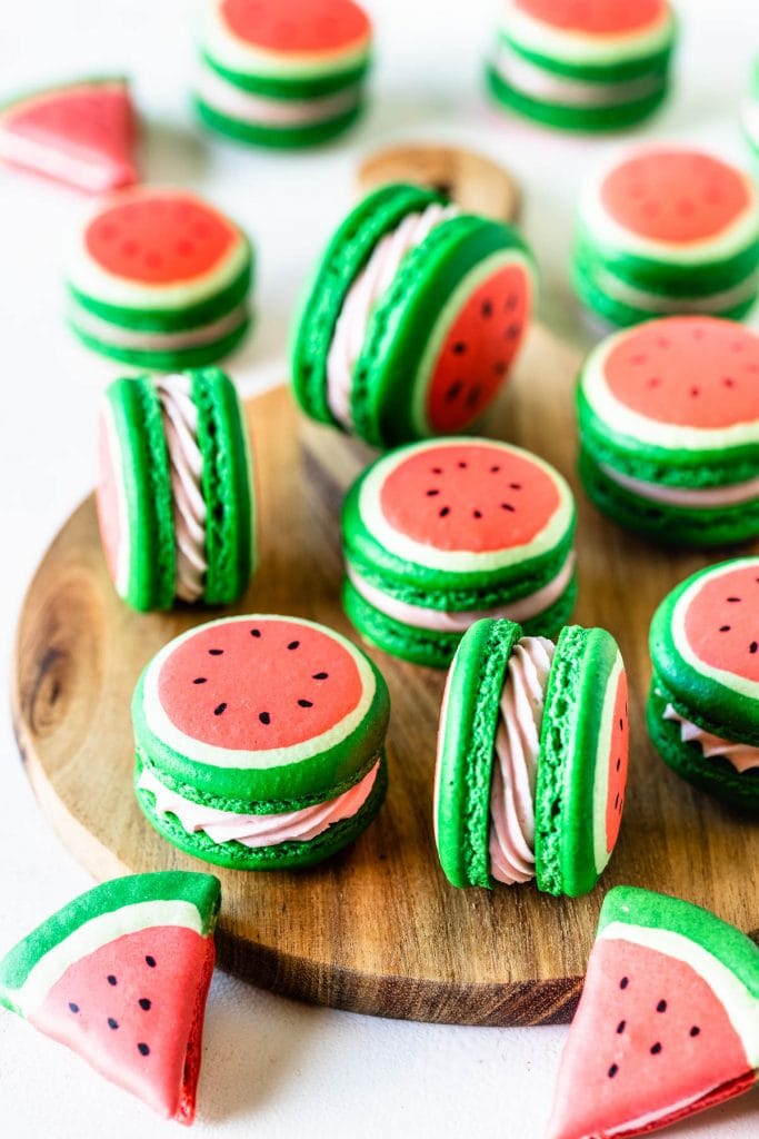 macarons shaped like watermelon filled with buttercream