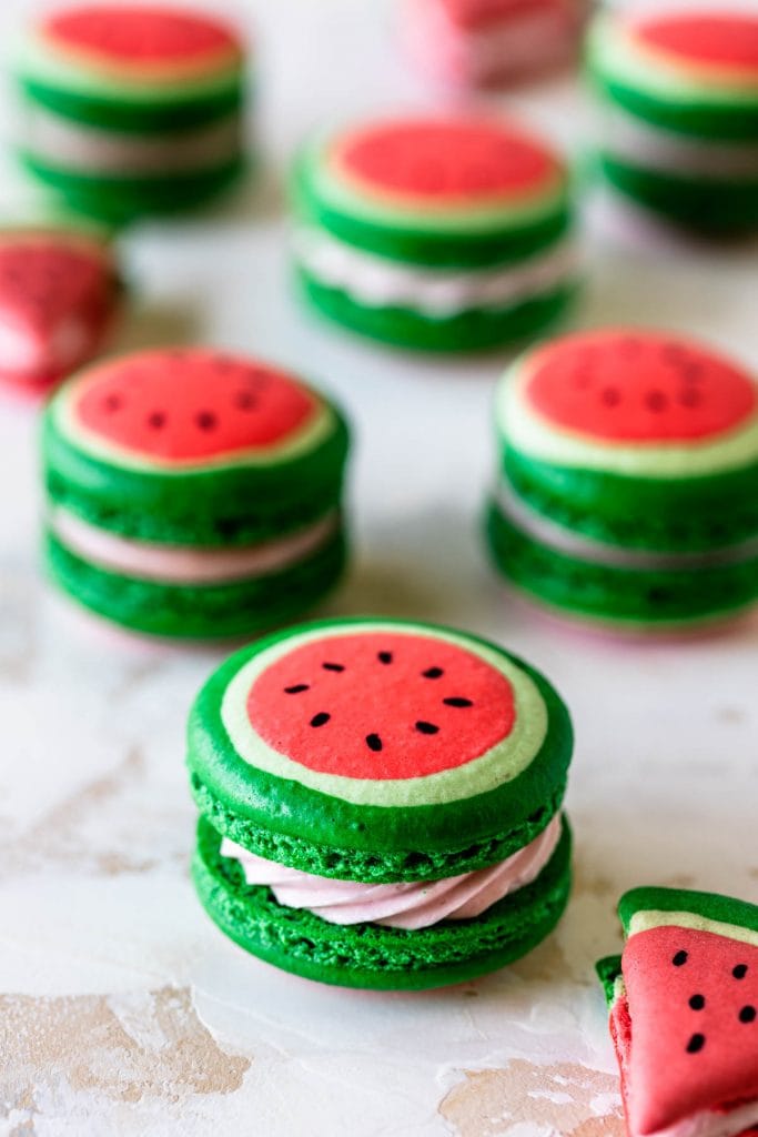 Watermelon Macarons filled with watermelon buttercream